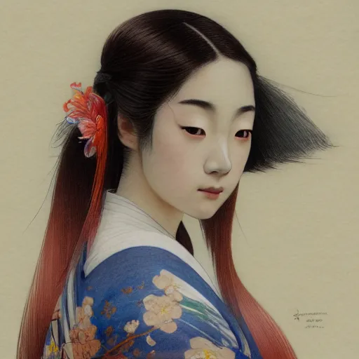 Image similar to side portrait of a young japanese woman wearing a kimono, long hair, headshot, hyper realistic, pale skin, 4k, rule of thirds, extreme detail, detailed drawing, trending artstation, hd, fantasy, D&D, realistic lighting, by Alphonse Mucha, Greg Rutkowski, sharp focus, backlit, elegant