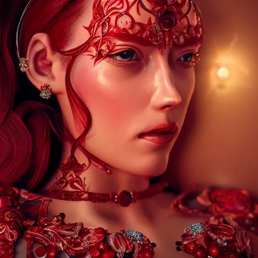 Prompt: portrait of wonderful princess of rubies with fair skin, ornate 8 k gorgeous intricate detailed, red accent lighting, dramatic cinematic light, award winning photography, octane render