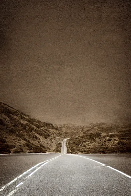 Image similar to photo of a road with no end, sepia dust filling background, photorealistic, tonemapped