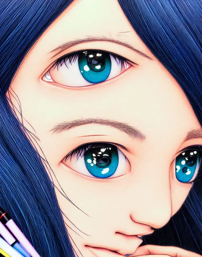 Image similar to extremely detailed color ink pen  illustration depicting an extreme close up face of a dainty young truant android female stoner prep highschool school student with medium length silky straight iridescent black hair and lightly suntanned skin, illustrated by Artgerm and Range Murata.