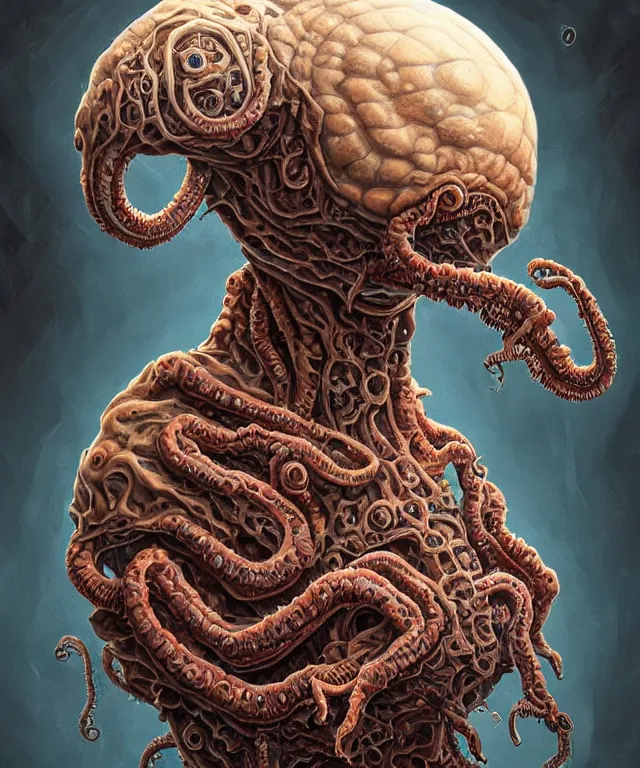 Image similar to hziulquoigmnzhah, head dangling underneath body!!!!, spherical body, elongated arms, short legs, lovecraftian horror!, surrealism, fantasy, intricate, elegant, highly detailed, digital painting, artstation, concept art, matte, sharp focus, illustration, art by keith thompson and christopher lane