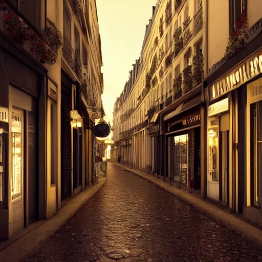 Image similar to night cliché of Paris' street with a lot of little stores open, pretty and smooth lightening 8k unreal engine render