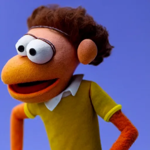 Image similar to morty smith as a muppet with peach skin, shirt brown hair and yellow tshirt. highly detailed felt. hyper real photo. 4 k.