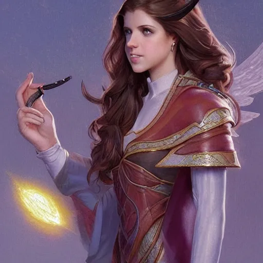 Prompt: anna kendrick holding a glowing wand in one hand and a large leather bound book, fantasy, intricate, elegant, highly detailed, digital painting, artstation, concept art, matte, sharp focus, illustration, in the style of magic the gathering, art by artgerm and greg rutkowski and alphonse mucha