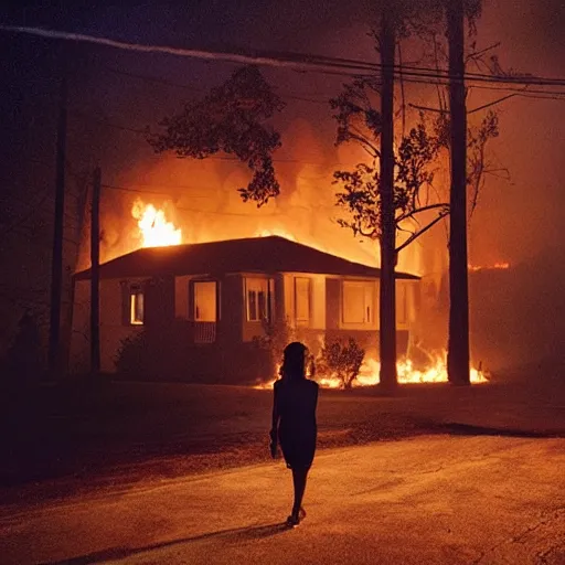 Image similar to Gregory Crewdson full color Photography, A woman walks calmly while her house is on fire, atmospheric lighting , moonlight