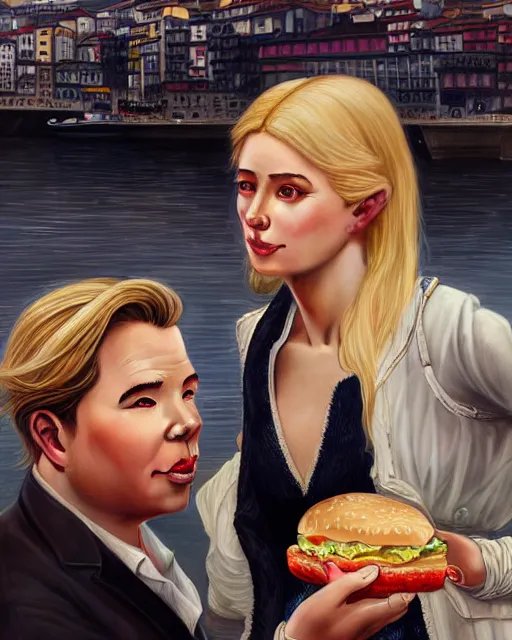 Image similar to Portrait of a blonde lady and Michael mcintyre eating ice burgers in Porto waterfront,real life skin, intricate, elegant, highly detailed, artstation, concept art, smooth, sharp focus, art by artgerm and greg rutkowski and alphonse mucha