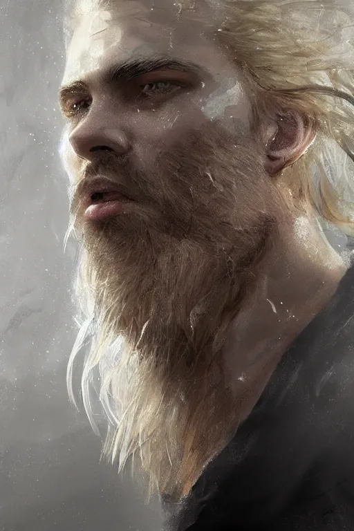 Image similar to blonde wild hair man with a little beard, one black eye - patch, plain white shirt, close - up portrait, powerfull, intricate, elegant, volumetric lighting, scenery, digital painting, highly detailed, artstation, sharp focus, illustration, concept art, ruan jia, steve mccurry