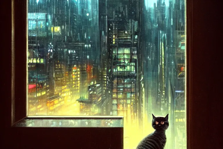 Prompt: highly detailed painting of a cute cat sitting on a dark hotel window sill, looking out a rain-streaked blurry window overlooking a bright futuristic cyberpunk cityscape, midnight, intricate, by greg rutkowski and android jones, oil on canvas, ancient cyberpunk 8k resolution, vibrant deep colors, masterpiece, stunning, artstation