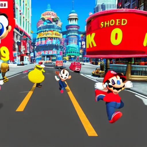 Image similar to The Beatles performing in New Donk City, in Super Mario Odyssey, ingame screenshot
