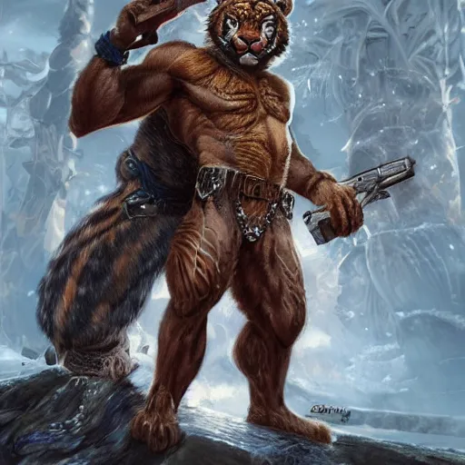 Prompt: aesthetic commission portrait of a muscular furry anthro tiger,holding a pistol,detailed face,hyperdetailed,photorealistic,art by ross tran,artgerm,character design by charles bowater,deviantart,artstation,dramatic