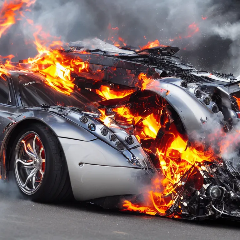 Prompt: close - up of a chrome pagani huayra on fire after a big crash, 8 k, highly detailed, realistic