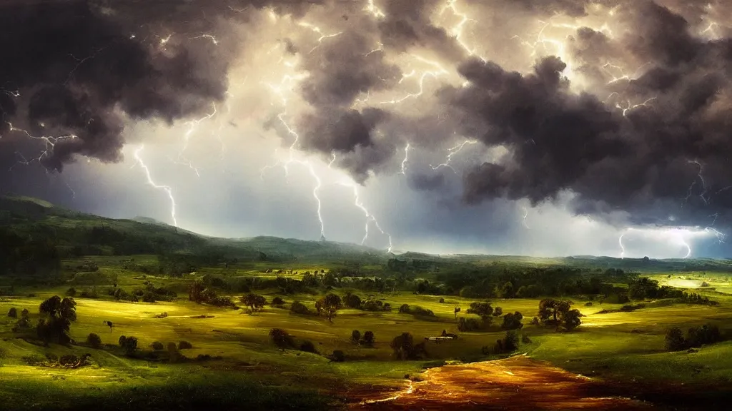 Prompt: the most beautiful panoramic landscape, oil painting, rain on a farm, menacing clouds, night, lightning, cinematic lighting, highly detailed, very realistic