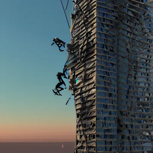 Prompt: photo of a giant human skeleton climbing a skyscraper, 8 k, volumetric lighting, epic scale