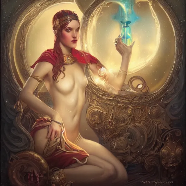 Image similar to portrait of a magical levantine genie, art by tom bagshaw and manuel sanjulian