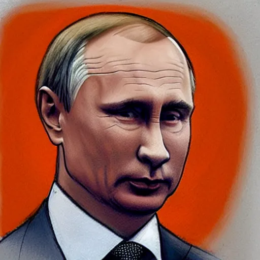 Image similar to a court sketch of vladimir putin in an orange jumpsuit