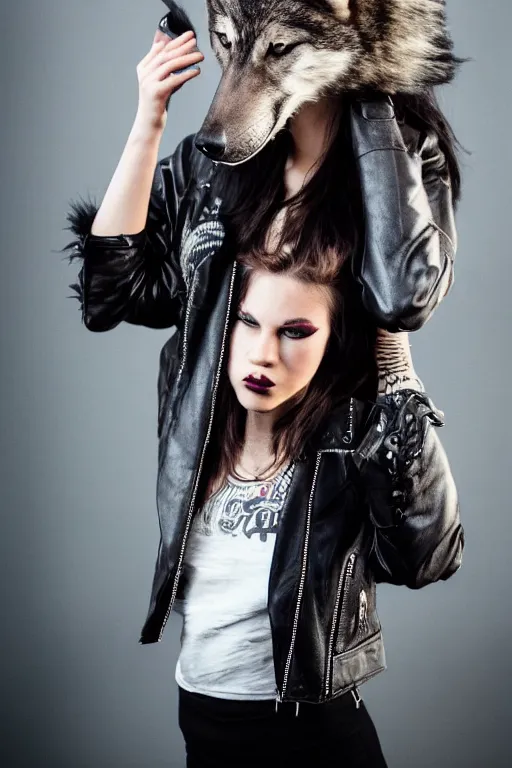 Image similar to photographic portrait of a punk girl in a leather jacket wearing a wolf's head over her face, fashion shoot, cool girl with wolf on her head