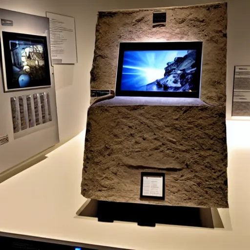 Image similar to Museum exhibit photo of a computer from the paleolithic era, uncovered by archaeologists