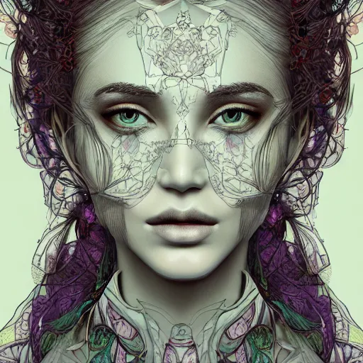 Image similar to the portrait of an incredibly beautiful and elegant woman made of potatoes roots and violets, an ultrafine detailed illustration by james jean, final fantasy, intricate linework, bright colors, behance contest winner, vanitas, angular, altermodern, unreal engine 5 highly rendered, global illumination, radiant light, detailed and intricate environment