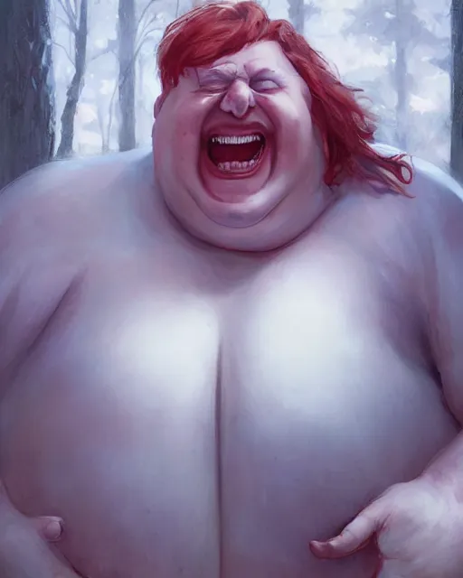 Prompt: laughing white extremely fat blob humanoid, with red hair | | realistic shaded, fine details, realistic shaded lighting poster by greg rutkowski, magali villeneuve, artgerm, jeremy lipkin and michael garmash and rob rey