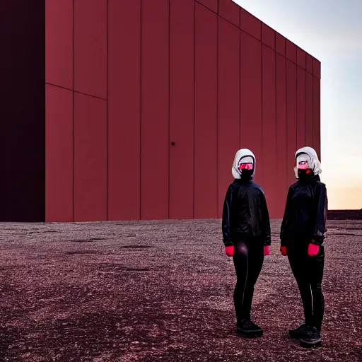 Prompt: photograph 2 techwear women in front of a brutalist metal building, on a desolate plain, red sky, sigma 8 5 mm f / 1. 4, 4 k, depth of field, high resolution, octane render, 4 k, 8 k, hd, full color