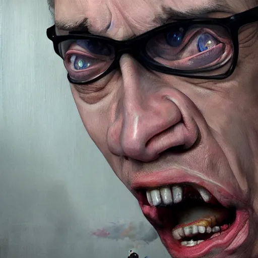 Prompt: hyper realistic absurd, silly, making insane faces, steve buscemi / john waters riding a tiny tricycle, painted by greg rutkowski, wlop, artgerm, dishonored 2, half life 2