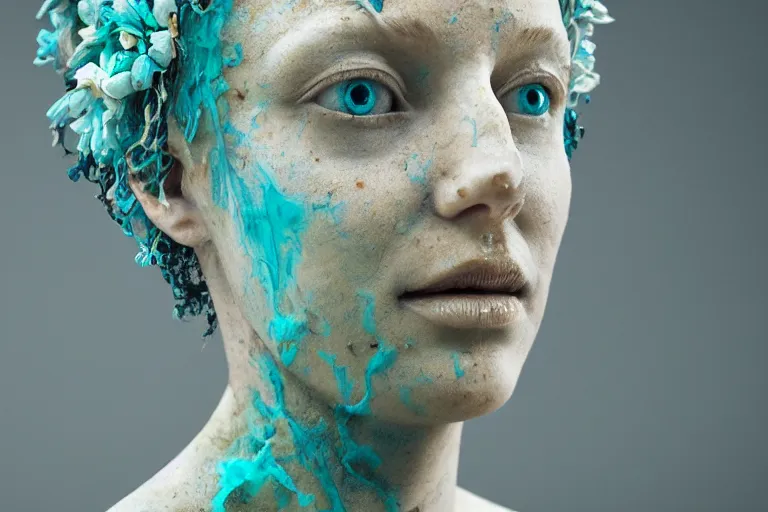 Image similar to a sculpture of a beautiful woman with flowing tears, turquoise and beige fractal flowers on the skin, intricate, a marble sculpture by nicola samori, behance, neo - expressionism, marble sculpture, made of mist, still frame from the prometheus movie by ridley scott with cinematogrophy of christopher doyle, arri alexa, 8 k