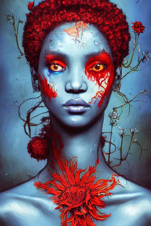 Prompt: portrait of beautiful young maiden, warhammer, afro style, more and more cyberpunk, a lot of more scars, more and more flowers, blue head, some red water, the middle ages, highly detailed, artstation, illustration, artgerm sylvari portrait, 8 k quality, art by alfred kubin