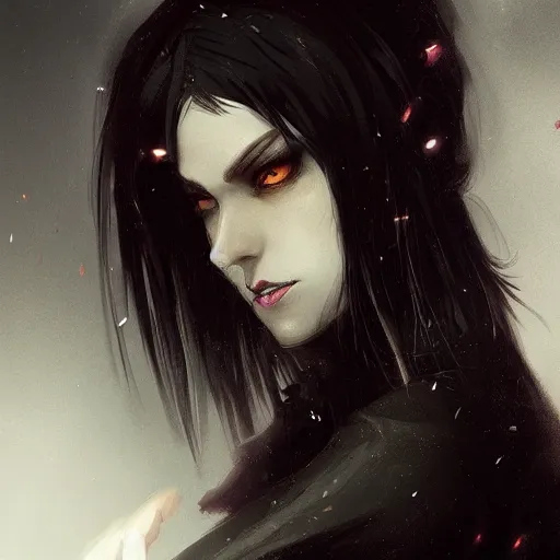 Image similar to female human vampire witch in the style of greg rutkowski, makoto shinkai, trending on artstation, character design, concept art, pretty face, highly detailed, long black hair, portrait, digital art