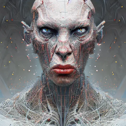 Prompt: portrait art of an ultradetailed evil cyborg made of neuronal networks, by greg rutkowski and Zdzisław Beksiński, digital painting, 8k, intricate, futuristic, dramatic light, trending on cg society
