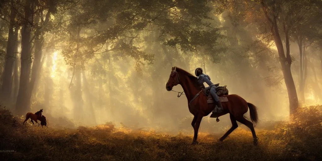 Prompt: american astronaut in an indian forest riding a beautiful horse, elegant scene, wide angle, cinematic lighting, atmospheric, ultrarealistic, trending on artstation, cgsociety, highly detailed, color graded, in the style of craig mullins, rendered in Unreal Engine 4k HQ, horizon forbidden west