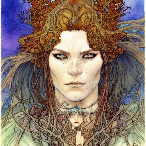 Image similar to a realistic and atmospheric watercolour fantasy character concept art portrait of a freckled incredibly beautiful woman as a druidic warrior wizard looking at the camera with an intelligent gaze by rebecca guay, michael kaluta, charles vess and jean moebius giraud