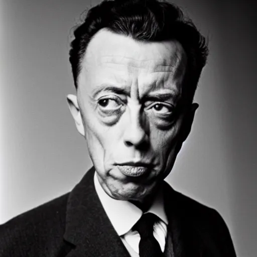 Image similar to 8k black and white photograph portrait of Albert Camus making a silly face. National Geographic. Hilarious.