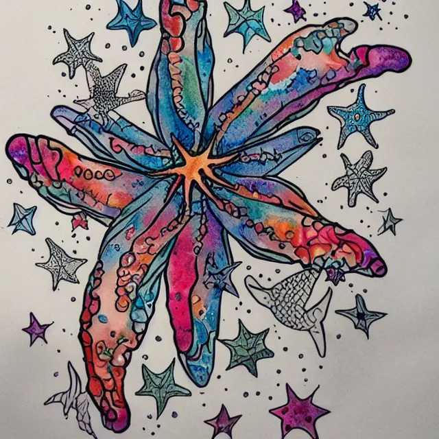 Image similar to starfish, tattoo design, watercolor, maximalist, high detail
