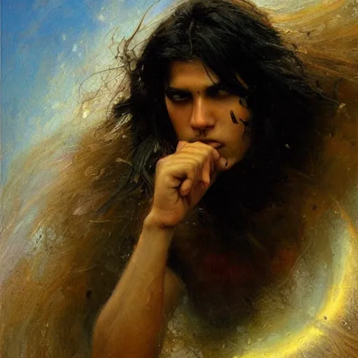 Image similar to a latino teenage boy with long black hair opens a portal to nowhere. dramatic. cinematic. holy. saintly. demigod. detailed. sharp. photo realistic. realism. gaston bussiere. phil hale