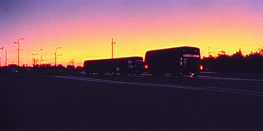 Prompt: an infinitely long greyhound bus never ending, sunset, eerie vibe, leica, 2 4 mm lens, cinematic screenshot from the 2 0 0 1 surrealist film directed by charlie kaufman, kodak color film stock, f / 2 2, 2 4 mm wide angle anamorphic