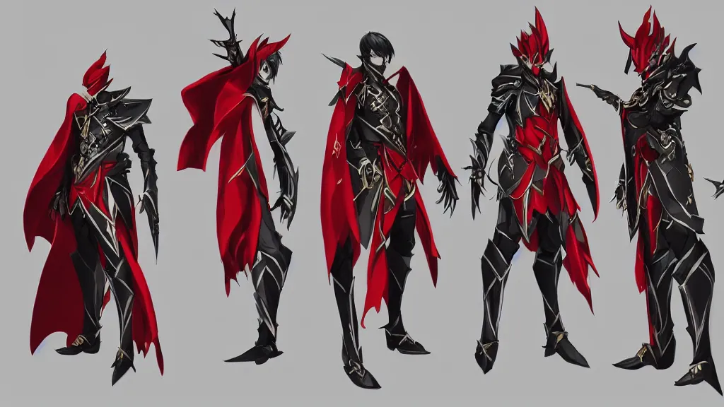 Image similar to Azure Makai Knight from Golden Knight Garo character design sheet, intricate trident weapon, red cape, trending on artstation