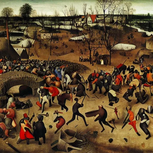 Prompt: Pieter Bruegel Painting depicting the Falador Massacre
