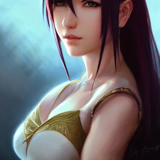 Prompt: portrait of Tifa from the Final Fantasy, D&D, fantasy, intricate, elegant, highly detailed, digital painting, artstation, concept art, matte, sharp focus, illustration, by Artgerm, Greg Rutkowski, Alphonse Mucha