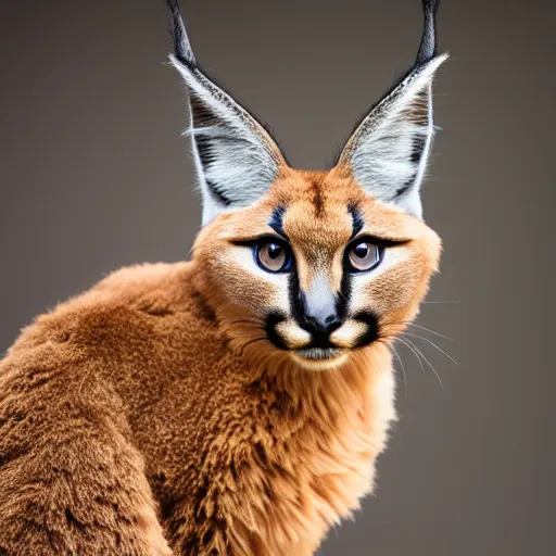 Image similar to a photo of cute fluffy caracal wearing toga, close up portrait, studio photography, 8 k