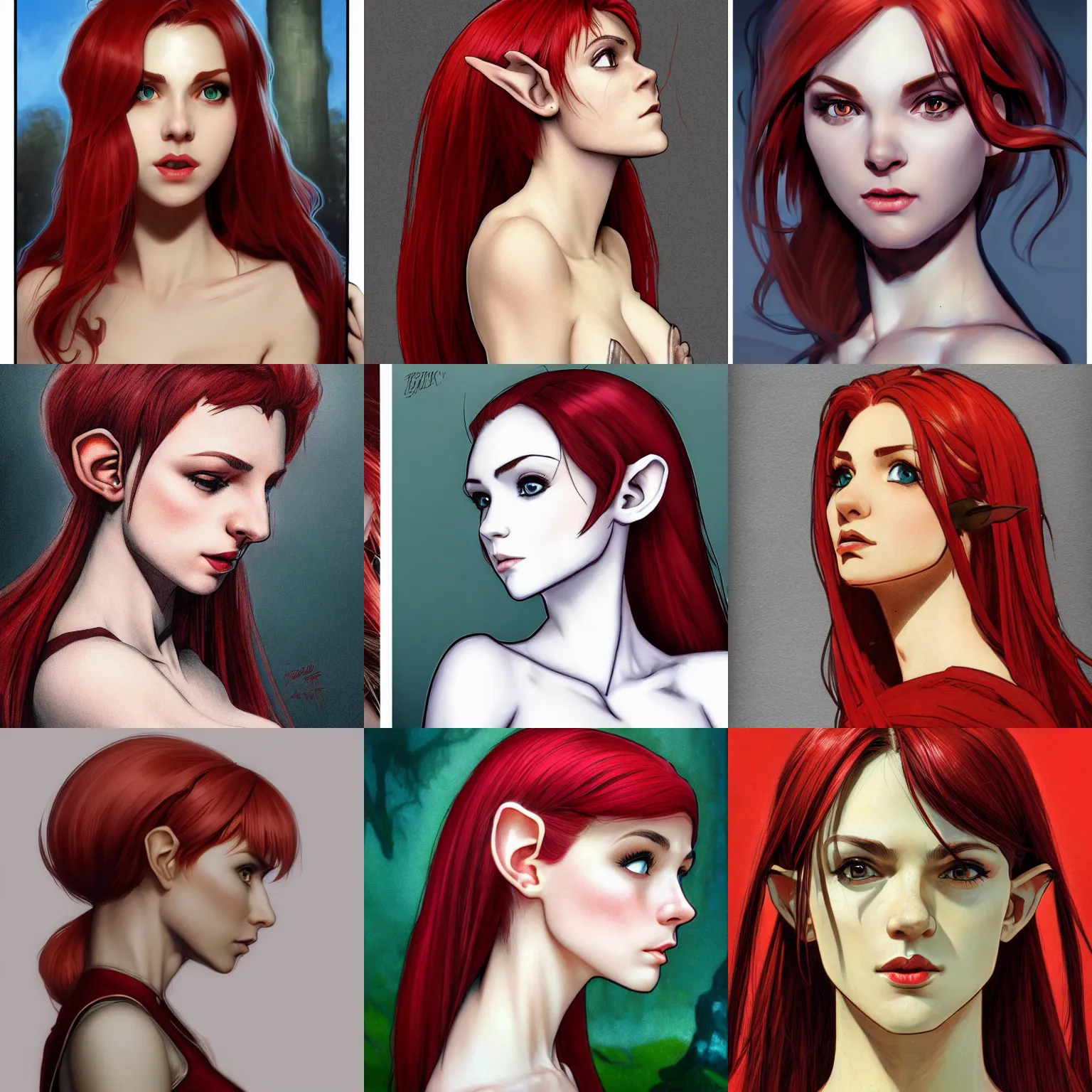 Prompt: phil nato comic art profile (side-view) portrait of very beautiful elf girl, headshot, looking up, hyper realistic, pale skin, bright red hair, 4k, rule of thirds, extreme detail, detailed drawing, trending artstation, hd, fantasy, D&D, realistic lighting, by Alphonse Mucha, Greg Rutkowski, sharp focus, backlit, elegant