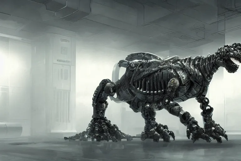 Prompt: robosaurus parallax datacenter server room interior single mono colossus white rusty robot sitting artstation cinematic detailed concept art volumetric light sharp coherent cgsociety symmetric perfect well balanced shadows lotr technogoddess