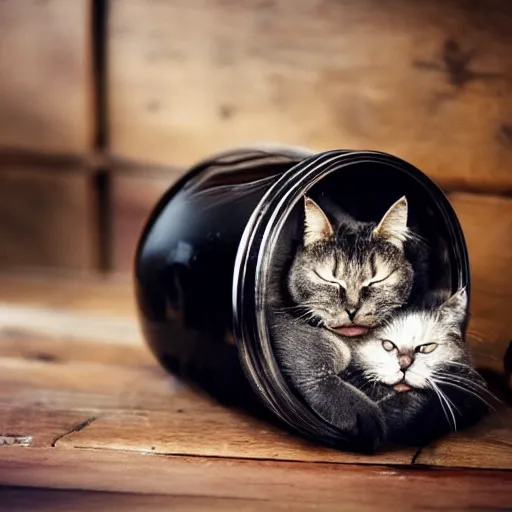 Image similar to a cute black catsleeping inside of a jar