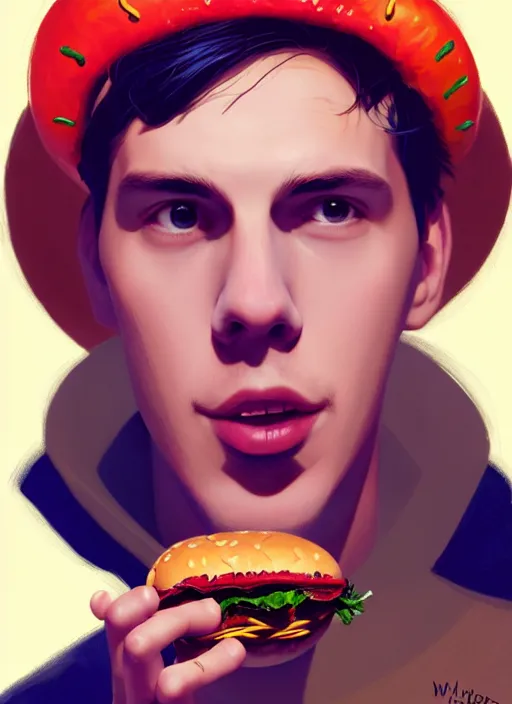 Image similar to portrait of jughead jones, eating a hamburger, wearing a crown, eyes closed, intricate, elegant, glowing lights, highly detailed, digital painting, artstation, concept art, smooth, sharp focus, illustration, art by wlop, mars ravelo and greg rutkowski