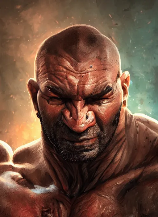 Image similar to A fantasy comic book style portrait painting of Dave Bautista as a grim orc warrior, unreal 5, DAZ, hyperrealistic, octane render, RPG portrait, dynamic lighting