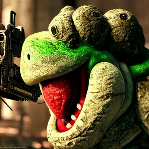 Image similar to Yoshi in Gears of War, highly detailed, high quality, HD, 4k, 8k, Canon 300mm, professional photographer, 40mp, lifelike, top-rated, award winning, realistic, sharp, no blur, edited, corrected, trending