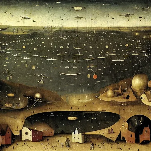 Image similar to a ufo fleet over a european town at night abducting people in their pajamas painting by hieronymus bosch