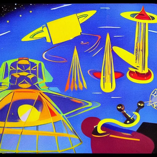 Prompt: science fiction spaceship by Mary Blair