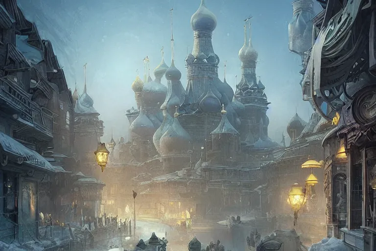 Image similar to It’s enchanting on the streets of Russian panel houses quarters on the Moon city, Norilsk, sci-fi, fantasy, intricate, very very beautiful, elegant, highly detailed composition, digital rendering, artstation, concept art, smooth, sharp focus, illustration, art by artgerm and greg rutkowski and alphonse mucha