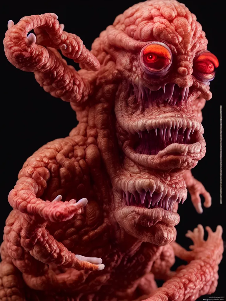 Image similar to hyperrealistic rendering, fat smooth cronenberg flesh monster final fantasy marlboro by donato giancola and greg rutkowski and wayne barlow and zdzisław beksinski, eyeballs, product photography, action figure, sofubi, studio lighting, colored gels, colored background