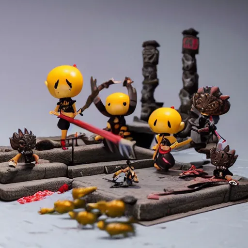 Image similar to photo of nendroid figures inside a diorama, depicting the cute fighters of mortal kombat brutally fighting each other inside a shaolin temple next to a spike - pit.